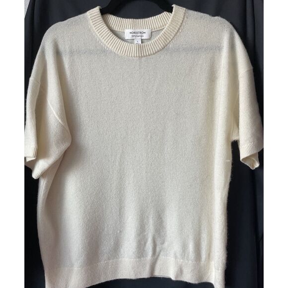 New NORDSTROM Short Sleeve Cashmere Sweater in Ivory Pristine Size Large - Picture 3 of 6